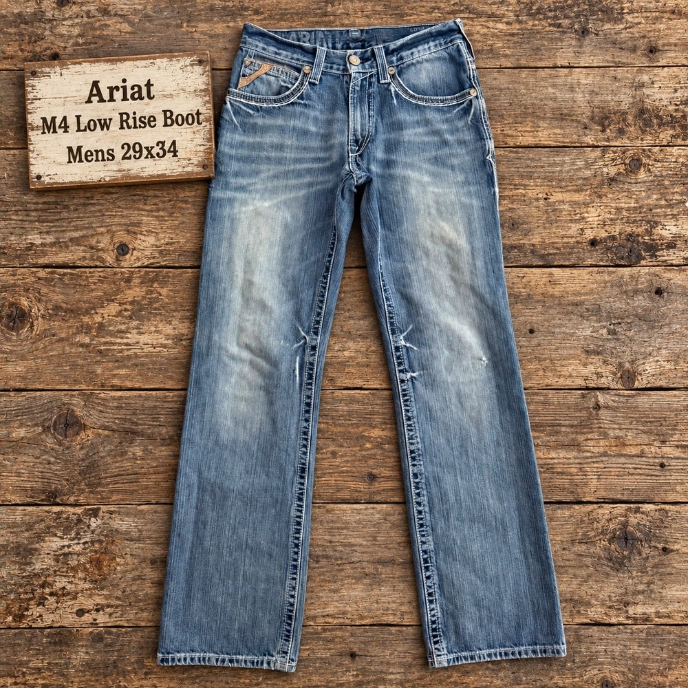 Ariat M4 Low Rise Boot Cut Jeans Mens 29x34 Light Wash Distressed Blue Denim